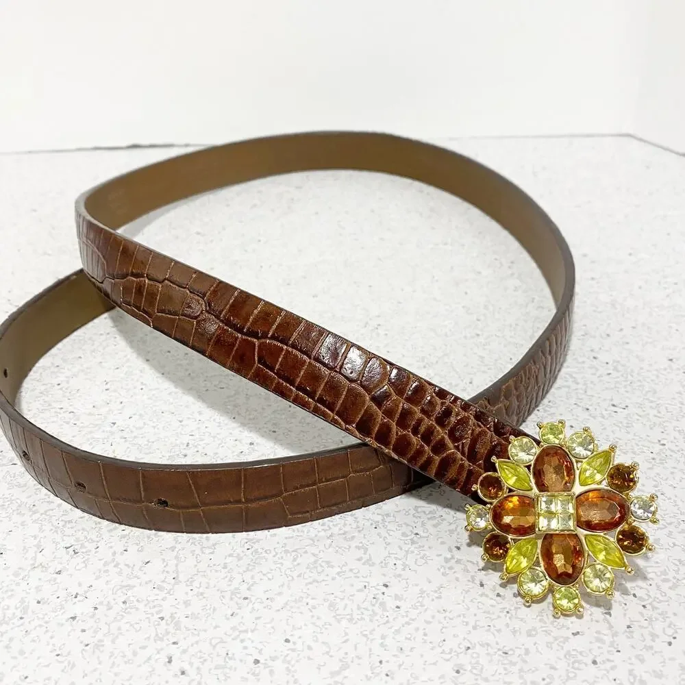 Liz Claiborne Y2K belt brown moc croc with colorful rhinestone buckle size L